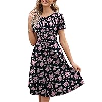 Women's Elegant Vintage Cotton Casual Floral Print Work Party A-Line Swing Dress with Pockets 162