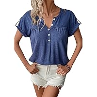 EFOFEI Womens Summer Solid Color Tees Loose Fit V Neck T Shirts Elegant Vintage Batwing Sleeve Tees