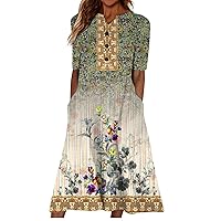 Women Casual Summer Stripe Button V Neck Sleeveless Pocket Long Dress Holiday Dress Floral Beach Party Sundress Midi Dress