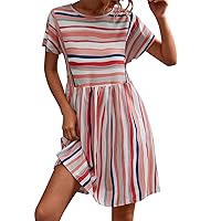 Women's Dresses Summer Dress Ladies Stripe Print Casual Flowy Pleated Loose Classic Stripe Print Dress(Pink,Small