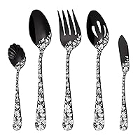 Stapava Serving Utensils Set Black, 5PCS Stainless Steel Flatware Serving Set with Large Serving Spoon Slotted Serving Spoon Serving Fork Sugar Spoon Butter Knife for Dinner Party, Dishwasher Safe