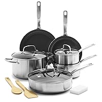 GreenPan Chatham Tri-Ply Stainless Steel Healthy Ceramic Nonstick 12 Piece Cookware Pots and Pans Set, PFAS-Free, Multi Clad, Induction, Dishwasher Safe, Oven Safe, Silver