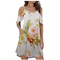 Women's Floral Dress Cold Shoulder Short Mini Dress High Low Ruffle Sun Dresses with Pockets Flowy Beach Dress