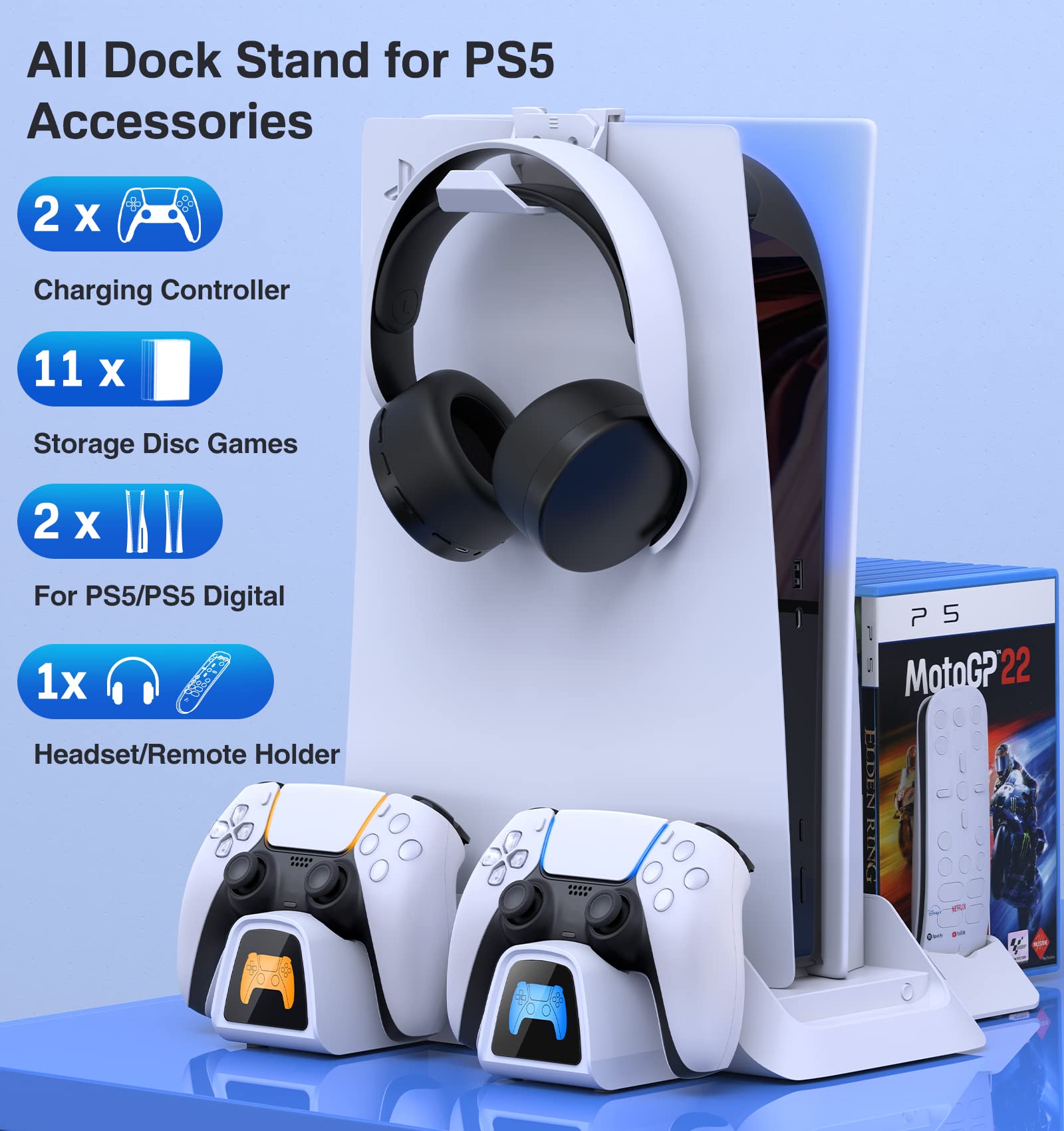 PS5 Stand with Cooling Station&Dual Controller Charger for Playstation 5 PS5 Console, CYKOARMOR PS5 Accessories with 5V/3A Adapter, PS5 Base with Cooler Fan, Charging Dock and Game Holder White