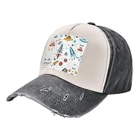 Cartoon Rockets Print Baseball Cap Unisex Vintage Washed Cap Dad Hat Adjustable Hip Hop Hat Trucker Hat Cotton Hat