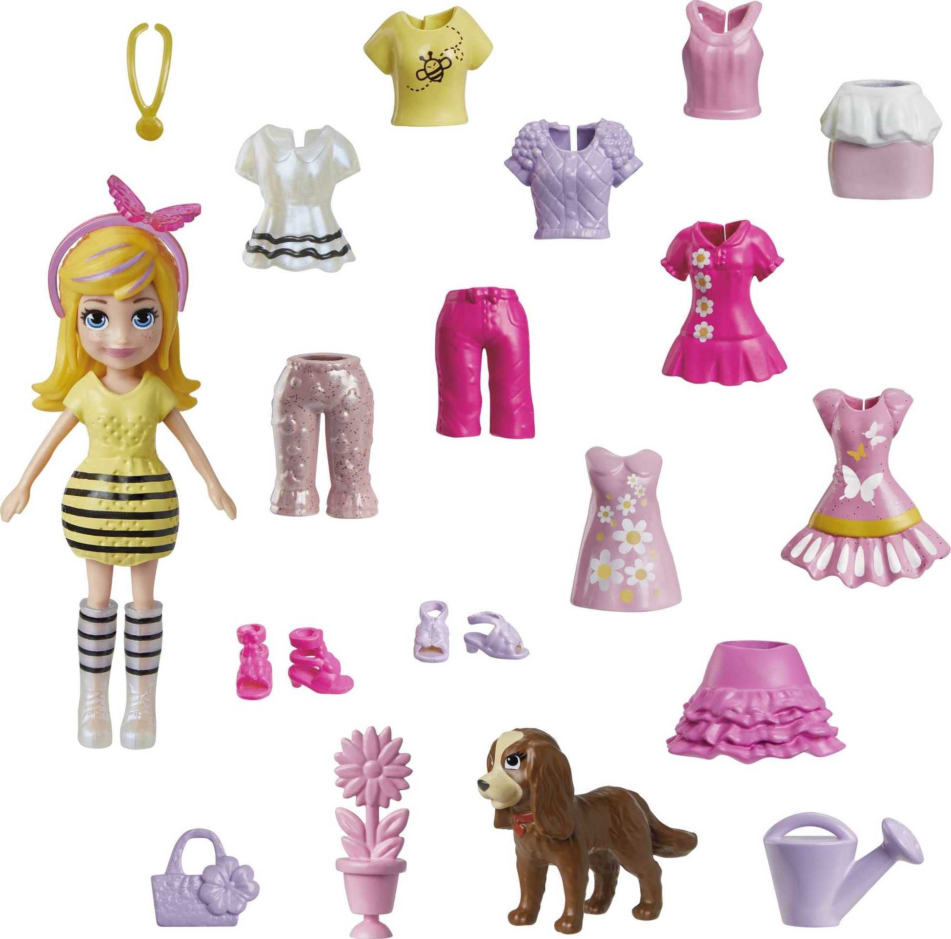 Polly Pocket Travel Toy with 3-Inch Doll and 18 Accessories, Puppy and Flower-Themed Fashion Pack