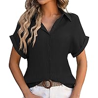 Womens Cotton V Neck Button Down Shirt Casual Short/Roll Up Sleeve Loose Fit Collared Linen Work Blouse Tops