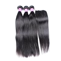 8A Grade Malaysian Virgin Hair Straight Human Hair Weave 3 Bundles 18 Inches with 1 Piece 12 Inches Free Part Lace Closure Natural Color Pack of 4