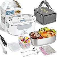 Eocolz Electric Lunch Box Food Heater Warmer 60W, 2 in 1 Portable Lunch Box for Car Truck Home Work Leak Proof with 1.5L Removable 304 Stainless Steel Container & Spoon 2 Compartments 110V 12V