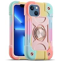MARKILL Compatible with iPhone 14 Case/iPhone 13 Case 6.1 Inch with Built-in 360°Rotating Ring Stand, Military Grade Drop Protection Full Body Rugged Heavy Duty Protective Cover. (Rainbow Pink)