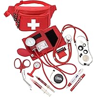 ASA TECHMED Lifeguard Fanny Pack with Aneroid Sphygmomanometer Manual Blood Pressure Cuff, Stethoscope, CPR Shield, EMT Shear, Nurse Watch and Accessories Red First Aid Kit