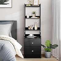 Black Night Stand, 55“ Modern Nightstand Bedside Table with 4-Tier Open Shelves & 2 Drawers, Wood Night Stand with Drawers for Bedroom Home Office