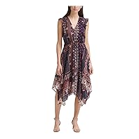 Vince Camuto Womens Navy Zippered Ruffled Handkerchief Hem Tie Waist Paisley Flutter Sleeve V Neck Midi Evening Sheath Dress Petites 2P