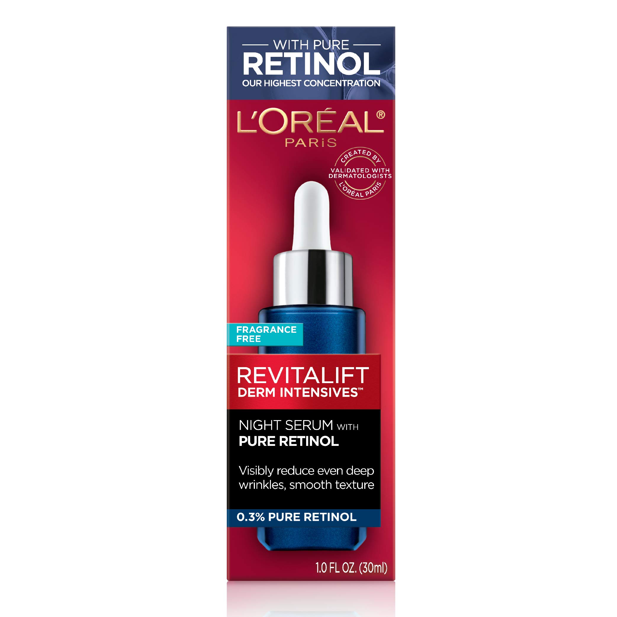 L'Oreal Paris Revitalift 0.3% Pure Retinol Night Serum, Reduce Deep Wrinkles, Fragrance Free 1 oz + Moisturizer Sample