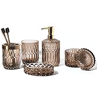 EMPO 6PCS Bathroom Clear Glass Accessories Set (Lotion Soap Dispenser, Soap Dish, Toothbrush Holder, Tumbler, Cotton Swab Jar), Contemporary Modern Decor Crystal Vintage Gift (6pcs Brown)