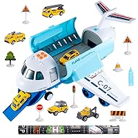 Spray Airplane Toys for Boys Girls, Large Transport Cargo Airplane with 6 Construction Vehicle 10 Road Signs 1 Play Mat, Plane Toy with Lights Sounds for Boys Age 3 4 5 6