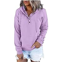 Womens Hoodies Casual Long Sleeve Solid Sweatshirts Buttons Drawstring Athletic Pullover Hooded Tops with Pocket