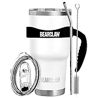MalloMe BEARCLAW Insulated Tumbler With Handle & Straw - Stainless Steel Tumblers Coffee Travel Mug - Reusable Insulated Cup for Water with Brush, 2 Lids & Straws - Splash-Proof 30 Oz Snow White