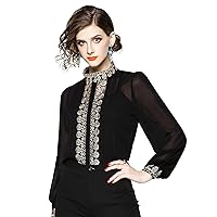 Womens Shirts Gorgeous Embroidery High-Neck Chiffon Long Sleeves Blouses Tops