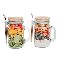 Overnight Oats Containers with Lids - 2 Pack Glass Jars with Lid and Spoons | 16oz Overnight Oats Jars | Mason Jars for Meal Prep, Milk, Salad | Mason Jars with Handle | Airtight Glass Jars - (Blue)