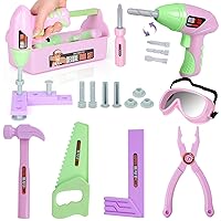 Pink Tool Set Box (18 PCS) Kids Tool Set Pretend Play Construction Tool Accessories with a Tool Box Including Toy Pink Manual Drill Construction Kits for Kids Ages 3-5 Years Old Girls Gift