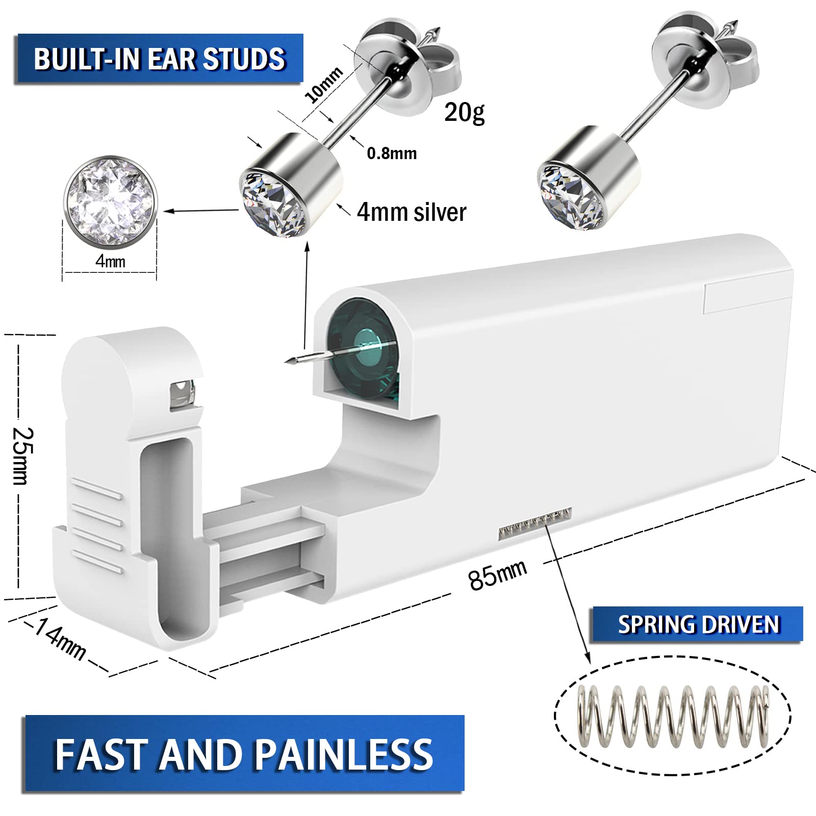 2Pcs Ear Piercing Kit Automatic and Painless Ear Nail Gun Disposable Aseptic Household Ear Piercing Gun Portable Ear Piercing Gun Group Ear Piercing Tools With Built-in 4mm Hypoallergenic Ear Studs