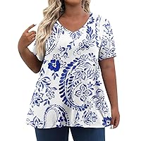 Polyester V Neck Business Pullover Ladies Print Plus Size Casual Pullover Short Sleeve Soft Print Shirt for Women Light Blue