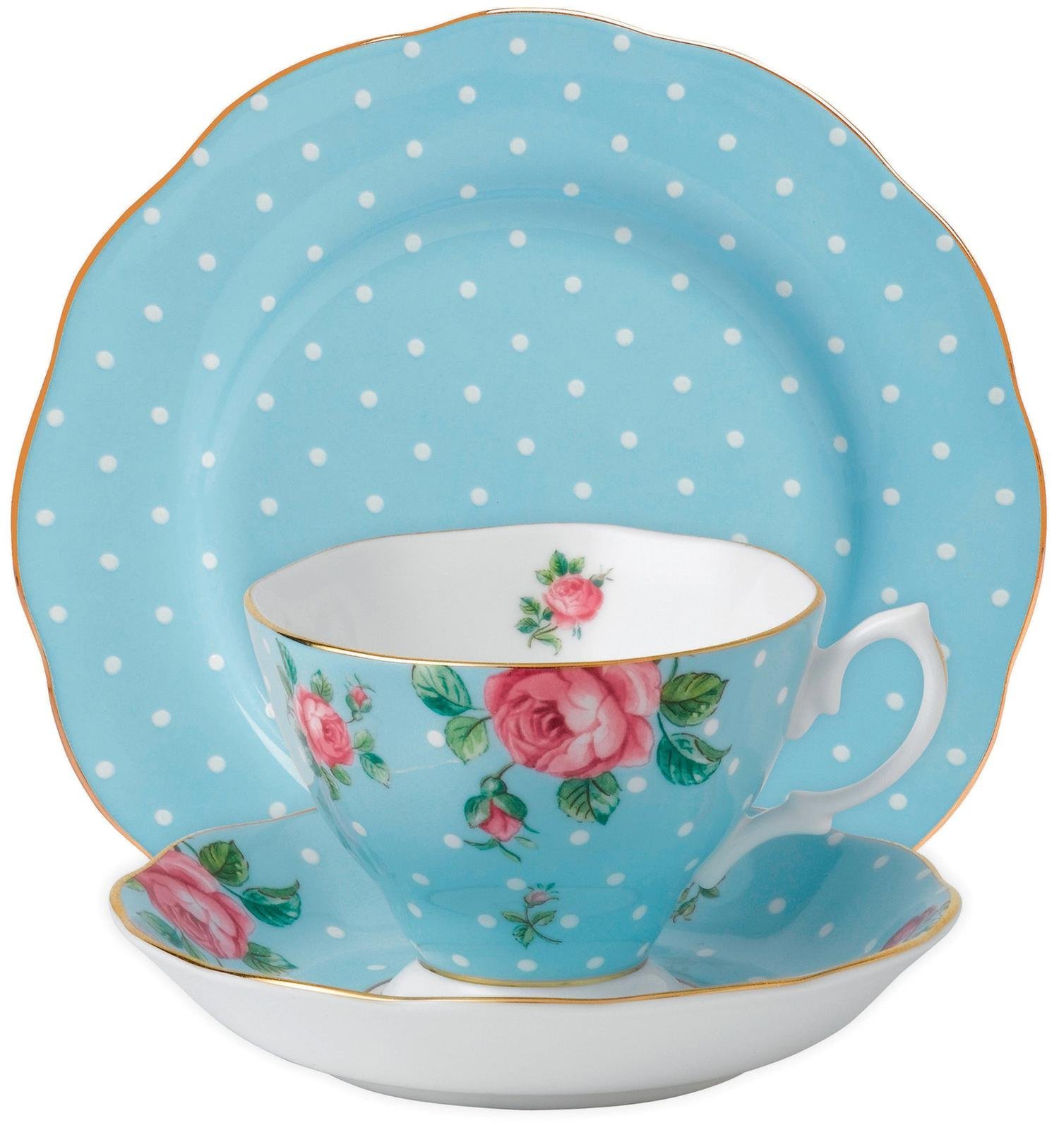 Royal Albert 3-Piece New Country Roses Teacup, Saucer and Plate Set, Polka Blue