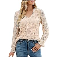 Women's Lace Floral V Neck Tops Lantren Long Sleeve Casual Blouses Sexy Fitted Plain Fashion Dressy Hollow Shirts
