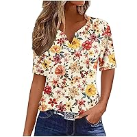 Summer Boho Tops for Women Trendy Vacation Short Sleeve Tees Button V Neck Shirts Dressy Casual Floral Print Blouses