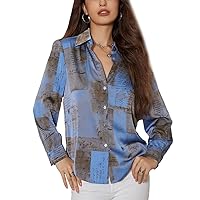 Women's Shirt Lightweight Sheer Mesh Button Shirts Long Sleeve Collarless Pocket Lace Tops Casual Blouses