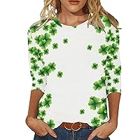St. Patrick's Day Shirts for Women Four Leaf Clover Graphic Casual Plus Size 3/4 Sleeve T Shirts Round Neck Tee Tops