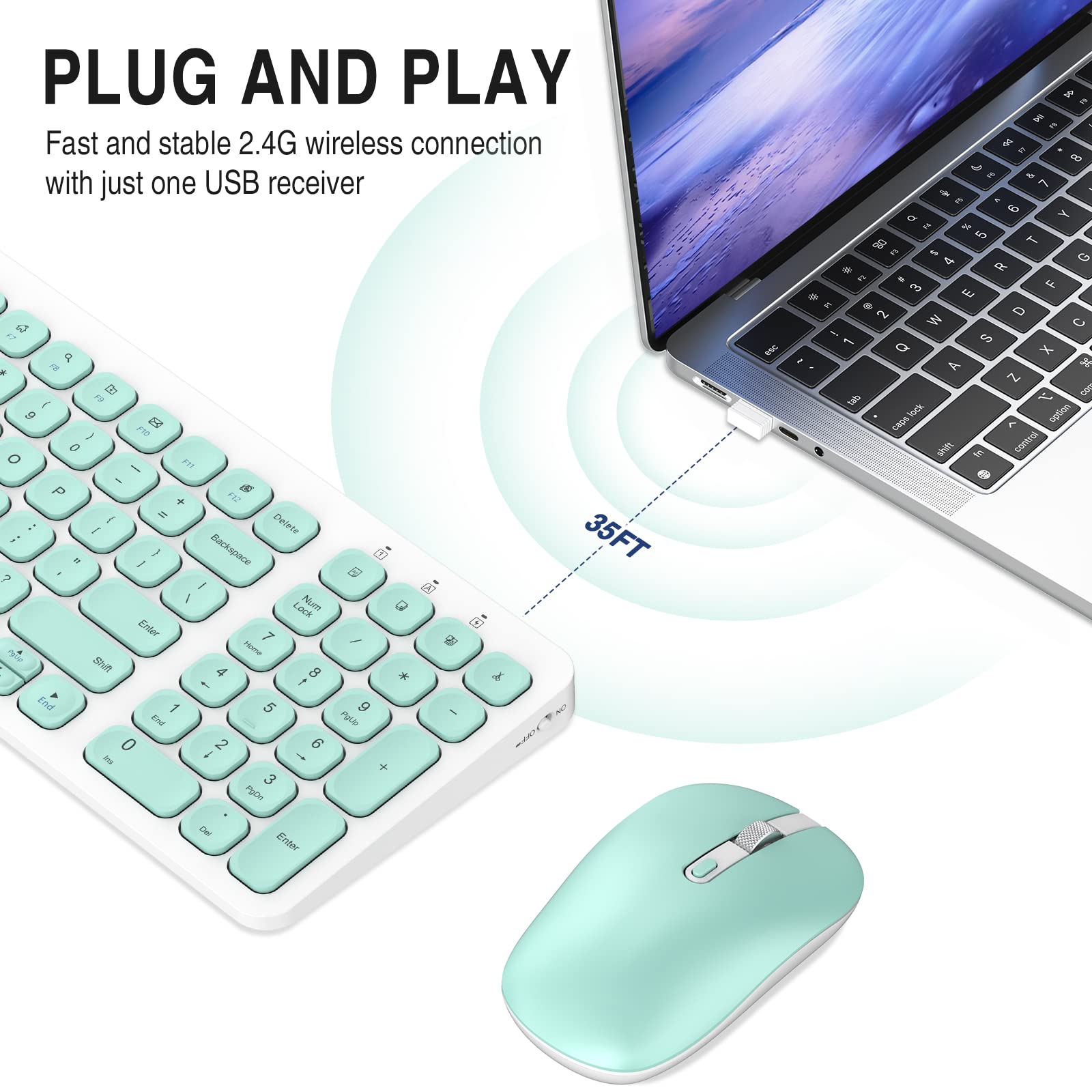 Wireless Keyboard Mouse Combo, cimetech Compact Full Size Wireless Keyboard and Mouse Set Less Noise Keys 2.4G Ultra-Thin Sleek Design for Windows, Computer, PC, Notebook, Laptop - Aqua Green