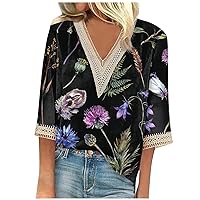 Three Quarter Length Sleeve Tops Loose Fit V Neck T-Shirts for Women Floral Blouse Tops Vintage Graphic Tee Tunics