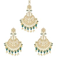 I Jewels Gold Plated Indian Wedding Bollywood Kundan Pearl Chandbali Earrings with Maang Tikka Set for Women/Girls