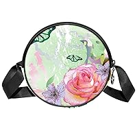 Crossbody Bag Butterfly and Rose Flower Messenger Bags Round Satchel Bag for Women Ladies Girls