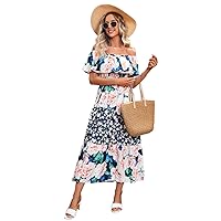 Elegant Women Maxi Dress Off The Shoulder Floral Ruffle Long Midi Dress Bohemia Summer Beach Dress