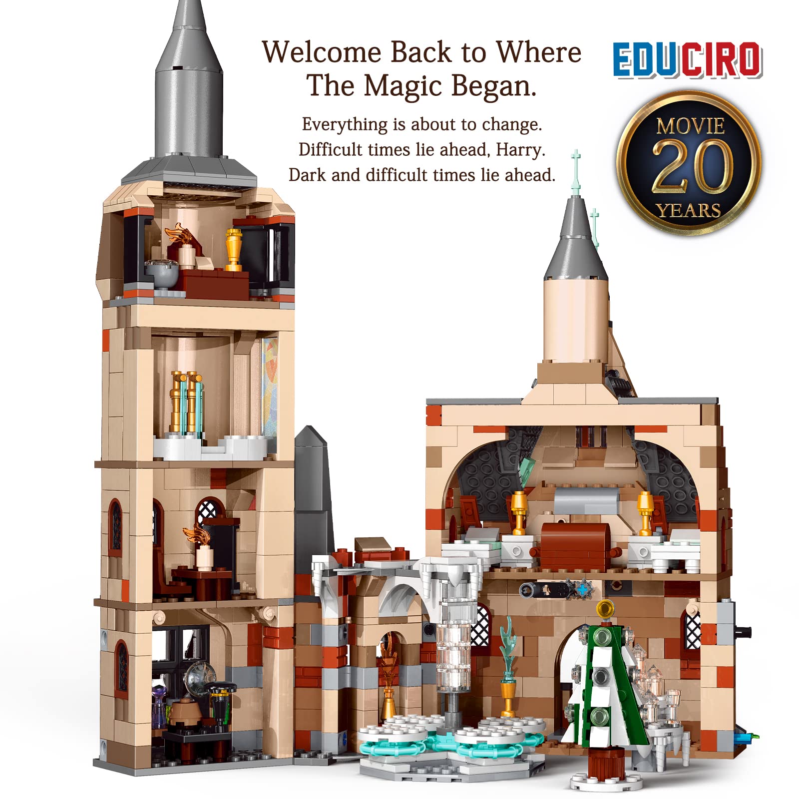 Educiro Harry Clock Tower and Great Hall Castle (871 Pieces), Build and Play Dumbledore Office Building Toy Set for Kids, Boys, Girls Ages 8-14, Not Lego Harry Potter