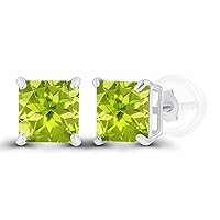 Solid 925 Sterling Silver Gold Plated 5mm Square Genuine Birthstone Stud Earrings For Women | Natural or Created Hypoallergenic Gemstone Stud Earrings