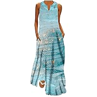 Women's Casual Loose Sleeveless V Neck Tank Dress Fashion Tie Dye Print Dress Maxi Summer Beach Dress with Pockets