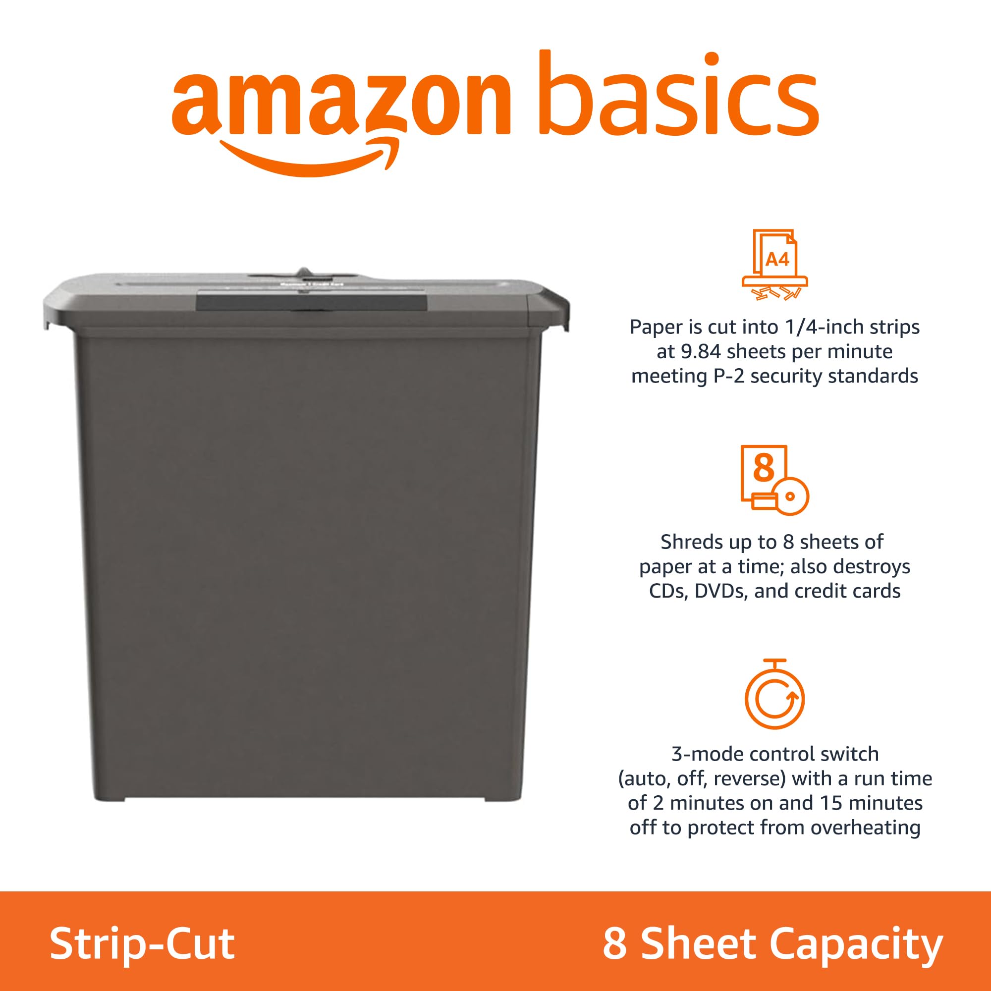 Amazon Basics 8-Sheet Strip Cut Paper, CD, and Credit Card Shredder, Black