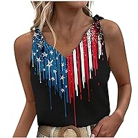 Women Knotted Cami Tops Star Stripes Sleeveless V Neck Tank Shirts Summer Casual Loose Comfy Shirts for 4th of July