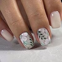 White Press on Nails Square Fake Nails Short Coffin Shaped False Nails Flower with Leaf Design Full Cover Glue on Nails Glossy Nude White Acrylic Nails Spring Stick on Nails for Women Manicure 24Pcs
