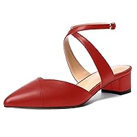 Womens Solid Buckle Casual Office Pointed Toe Ankle Strap Matte Chunky Low Heel Pumps Shoes 1.5 Inch