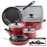 Farberware Cookstart DiamondMax Nonstick Cookware/Pots and Pans Set, Dishwasher Safe, Includes Baking Pan and Cooking Tools, 15 Piece - Red