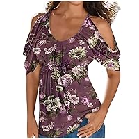 Plus Size Butterfly Babydoll Cold Shoulder Tops for Womens Summer Elastic Waist Short Sleeve Casual Loose Fit Shirts