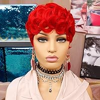 Red Short Wigs for Black Women Short Curly Pixie Cut Wigs with Bangs Red Curly Pixie Wig Fluffy Heat Resistant Synthetic Fiber Wigs Natural Daily Full Machine Hair Replacement Wigs