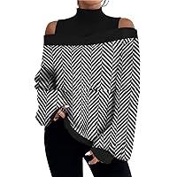 Womens Off Shoulder Tops Mock Neck Sexy Pullover Printted T Shirt Spring Autumn