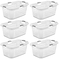 Sterilite 2 Bushel Ultra Laundry Basket, Large, Plastic with Comfort Handles to Easily Carry Clothes to and from the Laundry Room, White, 6-Pack