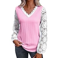 Deals Minute Last Lace Trim Shirts for Women Sexy Elegant V Neck Tee Shirt Cute Fashion Plus Size Loose fit Tunics Petite Clothes Date Night Holiday Shirt Ladies 2024 Winter Blouse(F-Pink,XX-Large)